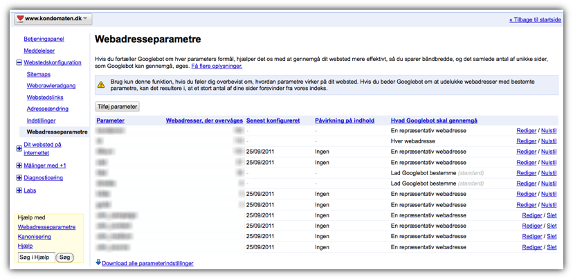 Ignorere parametre i Google Webmaster Tools