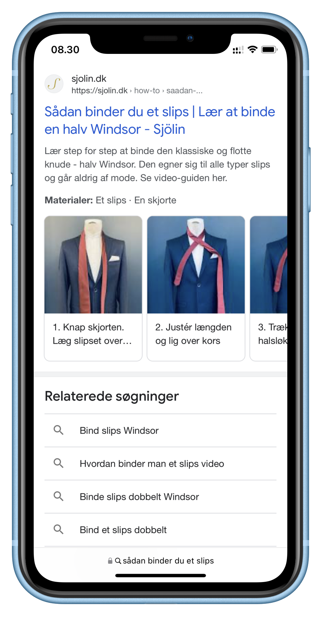 Screendump af How To markup i søgeresultaterne på mobil